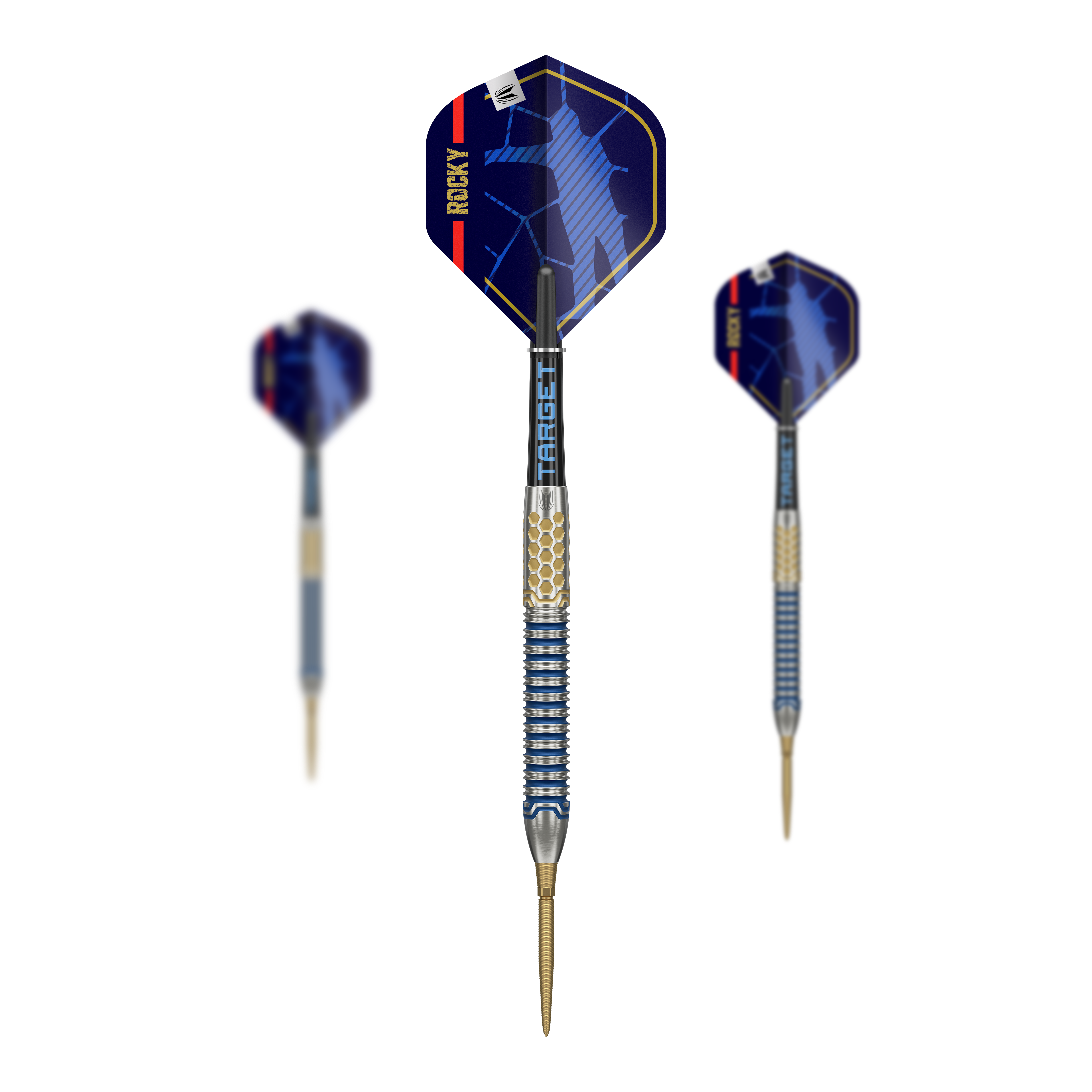 Auf dem Bild sind die Target Josh Rock GEN1 Swiss Point Steeldarts zu sehen. Die Darts haben blaue Flights mit dem Namen "Rocky" und einen metallischen Schaft mit goldenen Akzenten.